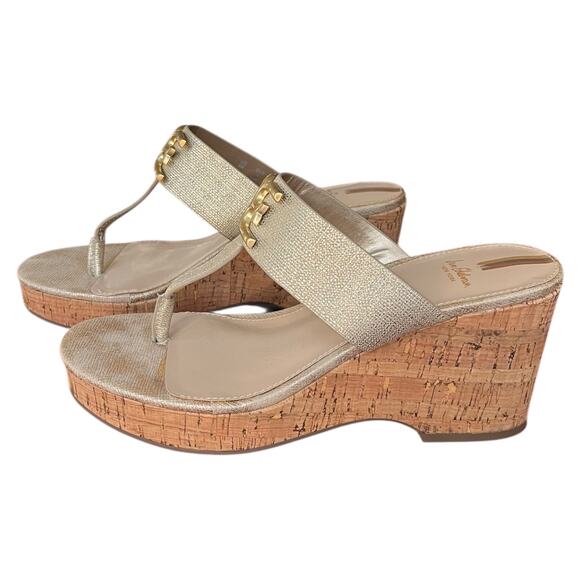Sam Edelman Shoes - Sam Edelman New York Yardlie Cork Wedge Thong Sandals Muted Gold Leather Women 8